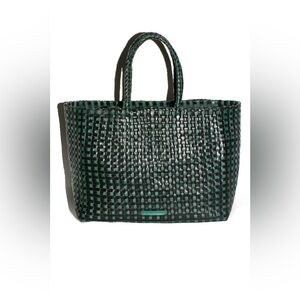 NWT Loeffler Randall Klara Black & Forest Large Square Check Leather Woven Tote